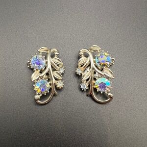 Coro Clip On Earrings Silver Tone Iridescent AB Floral Leaf Botanical Vintage